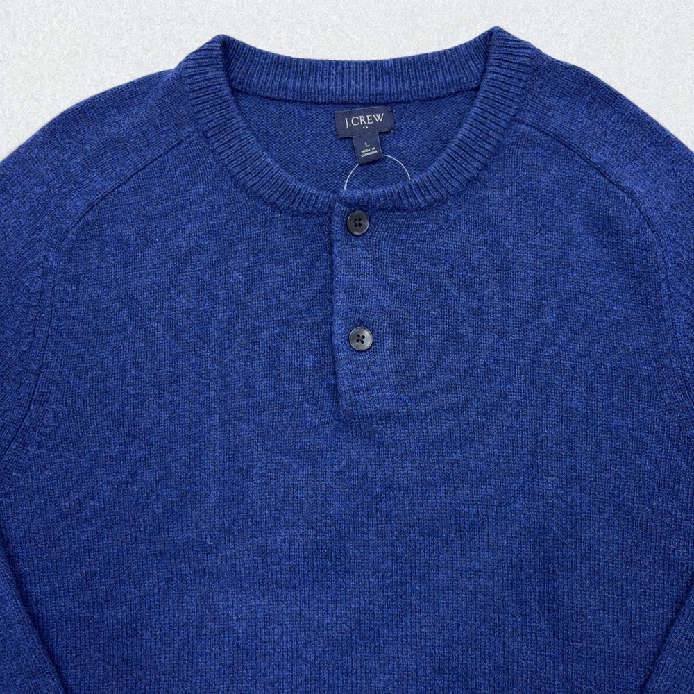 J.Crew Sweater Mens Large Heathered Blue Henley Lambswool Blend Raglan Pullover - Picture 2 of 10